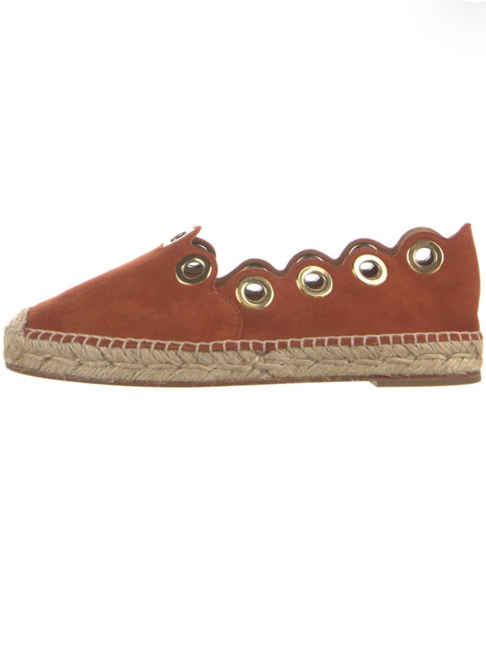 Chloe Rust Suede Scalloped Espadrille with Gold Eyelets